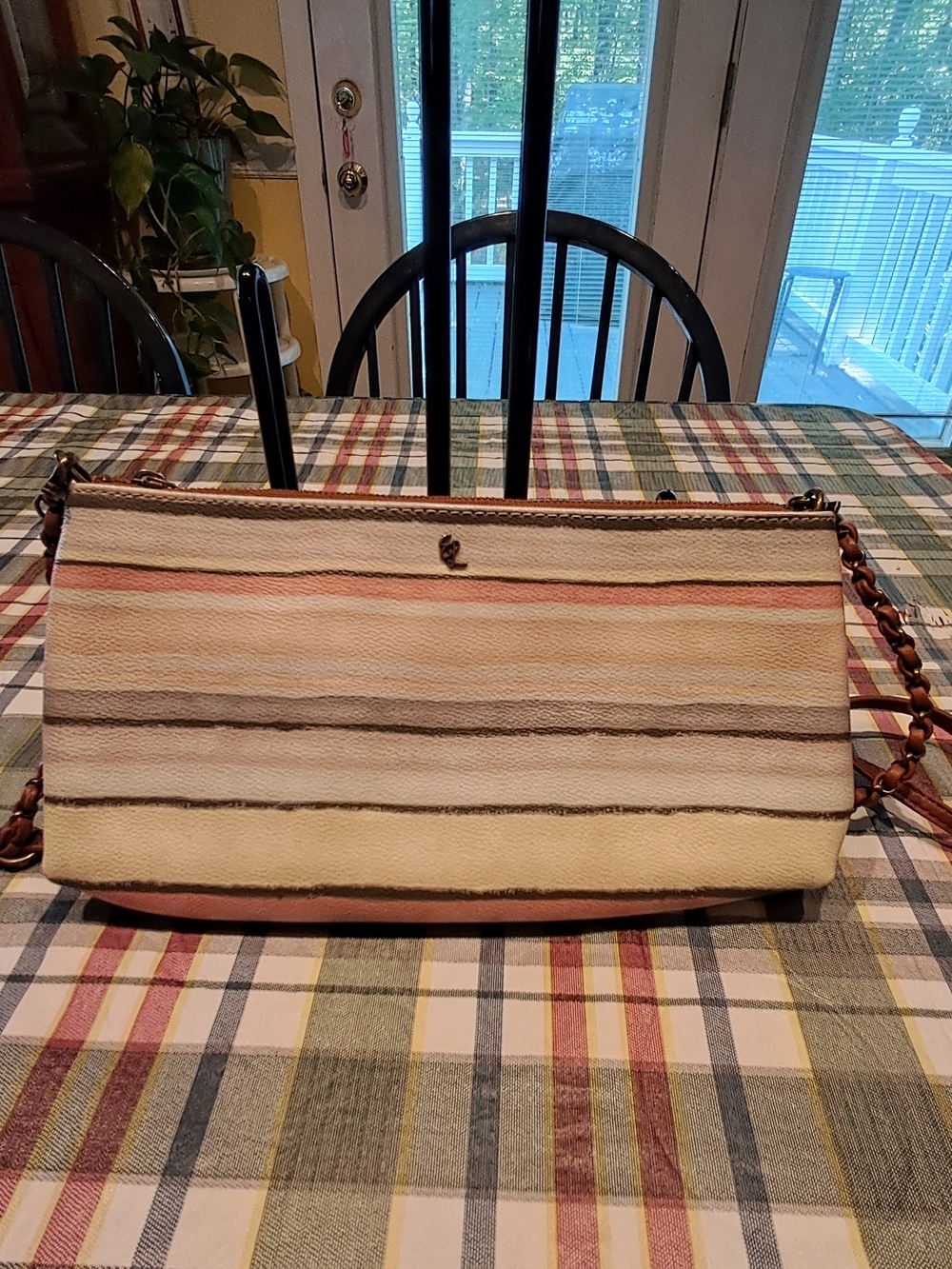 Elliott Lucca Striped Canvas Crossbody Shoulder Bag in Cream and Pink